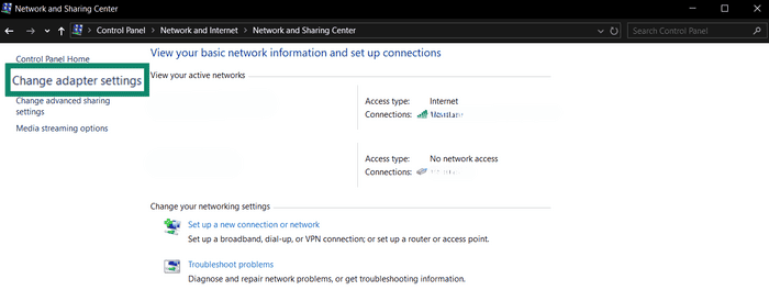 The "Change adapter settings" option in "Network and Sharing Center" on WIndows.
