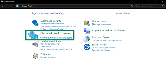 Windows' "Network and Internet" option in Control Panel.