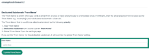 Dedicated Subdomain settings with the form to fill in a new "From Name" highlighted.