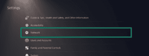 PlayStation "Settings" menu screen listing system options, with the "Network" menu item highlighted by a green box.