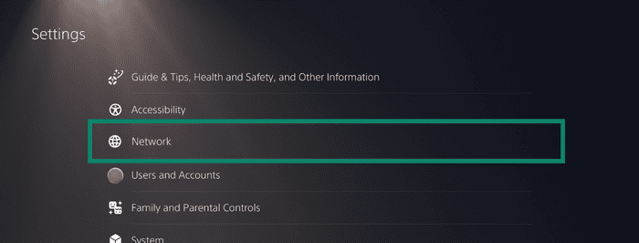 PlayStation "Settings" menu screen listing system options, with the "Network" menu item highlighted by a green box.
