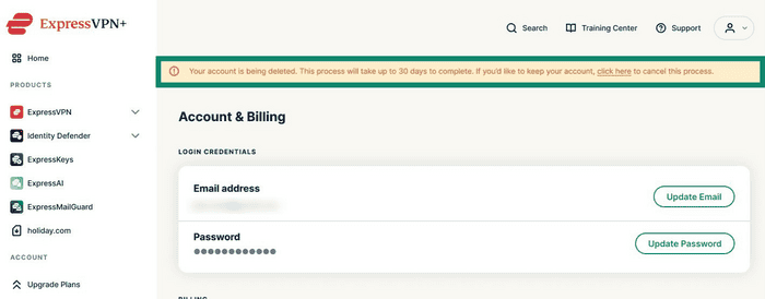 The "Your account is being deleted" notification in the ExpressVPN+ portal.
