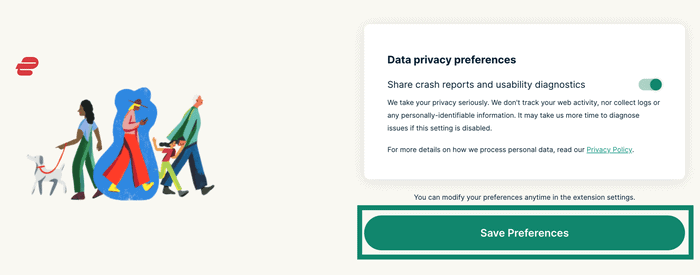 ExpressVPN browser extension data privacy preferences page with Save Preferences highlighted.