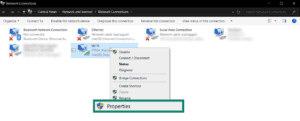 The "Properties" option on the active Wi-Fi connection on Windows.