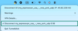 Tunnelblick menu in the macOS menu bar, with a highlighted option to disconnect from an ExpressVPN USA New York UDP server.