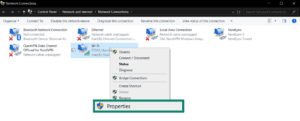The "Properties" option on the active Wi-Fi connection on Windows.