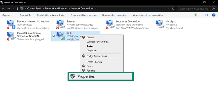 The "Properties" option on the active Wi-Fi connection on Windows.