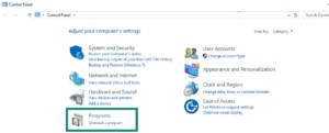 Windows 10 Control Panel window showing main categories, with the "Programs" option highlighted inside a teal box.