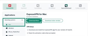 The ExpressVPN+ setup page, showing the Mac tab, with a highlighted "Download Now" button.