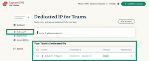 The Dedicated IP for Teams page in the ExpressVPN for Teams dashboard, with a highlighted "Your Team's Dedicated IPs" section.