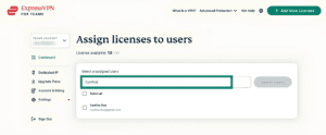 ExpressVPN for Teams page for assigning licenses to users, showing a highlighted search field.