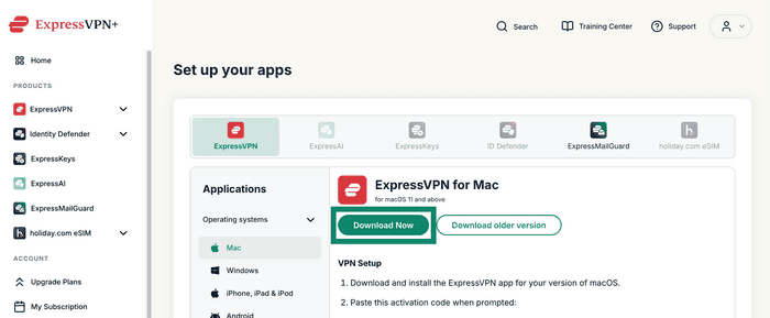 ExpressVPN account setup page with Download Now highlighted for the ExpressVPN Mac app.