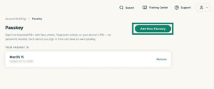 The Passkey page in the ExpressVPN+ portal, with a highlightged "Add New Passkey" button.