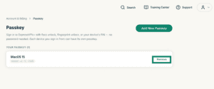 The Passkey page in the ExpressVPN+ portal, with a highlighted "Remove" button next to an existing passkey.