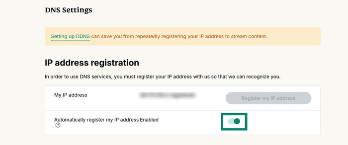 ExpressVPN+ DNS Settings page focusing on IP address registration, with the 