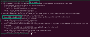 The "ip addr" command in Linux and the "inet" line highlighted.