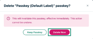 The confirmation pop-up for deleting a passkey in the ExpressVPN+ portal.
