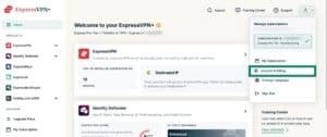 The Home page in the ExpressVPN+ portal, showing the Profile dropdown menu, with a highlighted "Account & Billing" option.