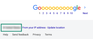 Google Search results page with the detected location from the IP address highlighted at the bottom.
