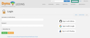 Dynu DNS website showing the "Create Account" button highlighted.