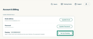 The Account & Billing page in the ExpressVPN+ portal, with a highlighted "Set Up Passkey" button.