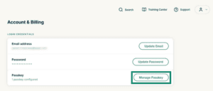 The Account & Billing page in the ExpressVPN+ portal, with a highlighted "Manage Passkey" button.