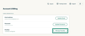 The Account & Billing page in the ExpressVPN+ portal, with a highlighted "Manage Passkey" button.