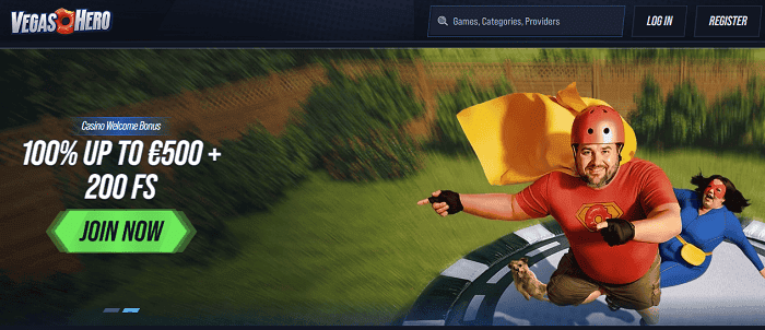 Vegas Hero Casino 200 free spins and 100% up to 500 EUR and 1 Bonus Crab on first deposit! 
