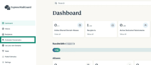 ExpressMailGuard dashboard with Dedicated Subdomains highlighted.