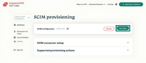 ExpressVPN for Teams Settings page, showing a highlighted "Sync Now" button for an active SCIM configuration.