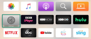 Apple TV showing the "Settings" option highlighted.