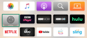 Apple TV showing the "Settings" option highlighted.