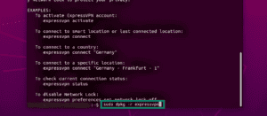 Ubuntu terminal window showing command-line examples for ExpressVPN, with the command sudo dpkg -r expressvpn entered at the prompt and highlighted by a green box.
