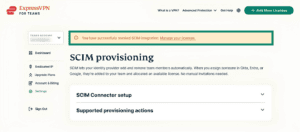 ExpressVPN for Teams Settings page, showing a highlighted notification about successfully revoking SCIM integration.