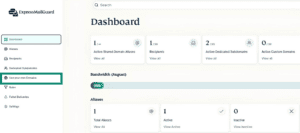 The ExpressMailGuard dashboard with the "Use youw own Domain" option highlighted