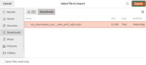 VPN settings in Ubuntu showing the "Import from file" option highlighted.