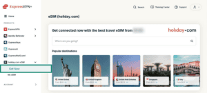 ExpressVPN+ dashboard showing get new holiday.com eSIM.