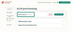 ExpressVPN for Teams Settings page, showing a highlighted SCIM configuration that is active.