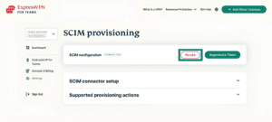 ExpressVPN for Teams Settings page, showing a highlighted "Revoke" button for an active SCIM configuration.
