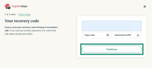 The ExpressKeys recovery code creation page, directing readers towards the "Continue" option.