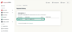ExpressVPN+ Payment history page with a payment entry highlighted, showing the purchase date, service period, and amount