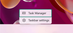 The taskbar menu options on Windows, showing a highlighted "Task Manager" option.