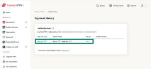 ExpressVPN+ Payment history page with a payment entry highlighted, showing the purchase date, service period, and amount.
