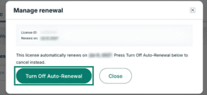 ExpressVPN for Teams manage renewal options for a license. The "Turn Off Auto-Renewal" button is highlighted.