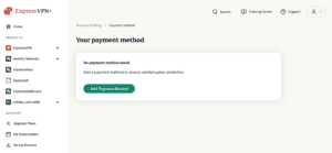The "Your payment method" page in the ExpressVPN+ portal, showing no payment methods and an "Add payment method" button.