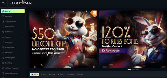 Claim $50 free chips at Slot Bunny Casino 