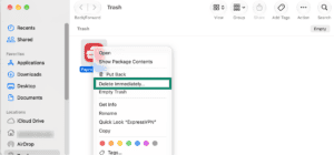 Mac's Trash folder with ExpressVPN in it, and a highlighted "Delete Immediately" option.