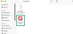 The ExpressVPN installer icon highlighted in the Downloads folder on macOS.