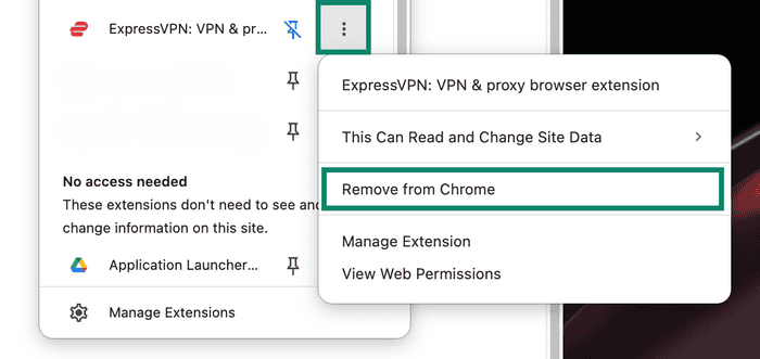 Chrome Extensions menu with the ExpressVPN extension options open and Remove from Chrome highlighted.