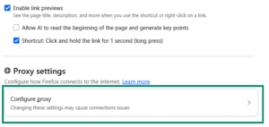 Configure proxy button shown in the settings menu